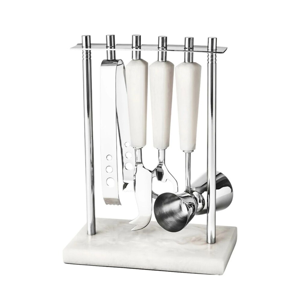 Godinger Azure White Resin & Stainless Steel 5 Piece Bar Tool Set - NIB